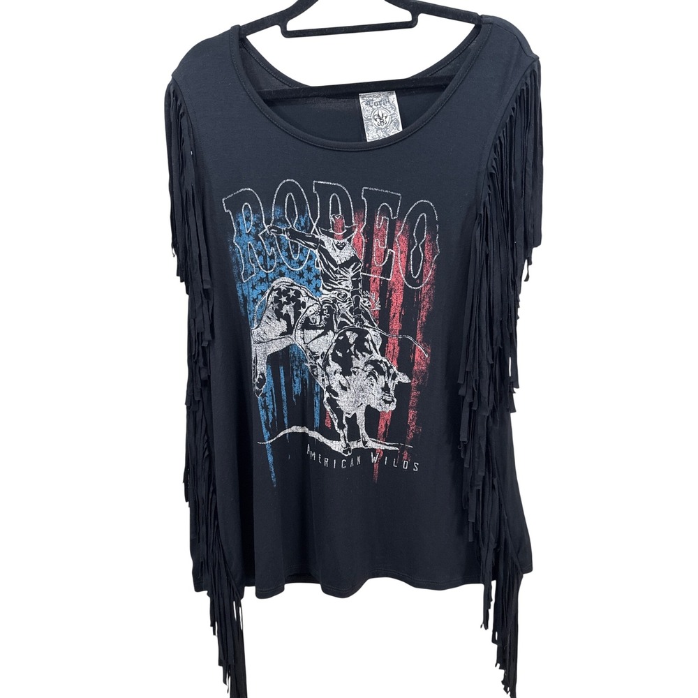 Vocal Rodeo American Wilds Fringe Graphic Top Black Cowgirl USA Made Bull Rider